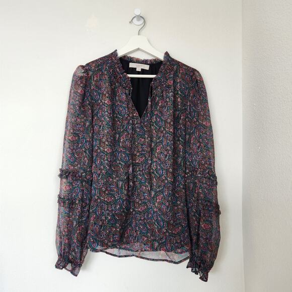 LOFT Paisley Sheer Ruffle Long Sleeve Blouse V Neck Boho Fall Top L - Picture 1 of 8
